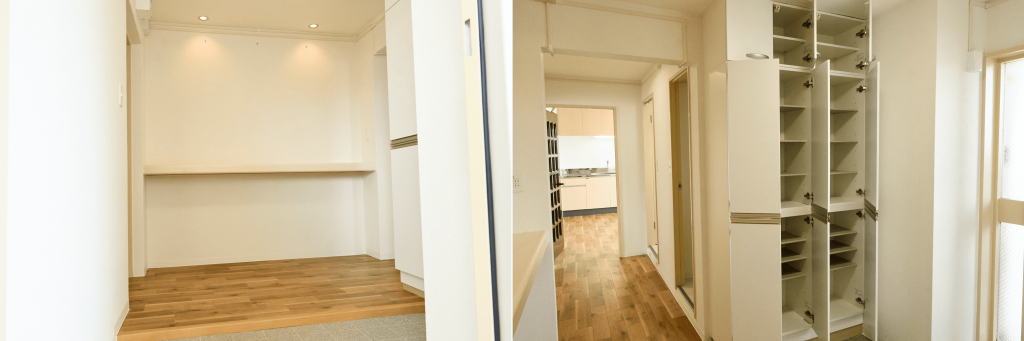 左/お気に入りの絵や置物を飾りたくなる、広々とした玄関スペース 右/大容量の靴箱