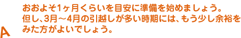 A.おおよそ1ヶ月くらいを目安に準備を始めましょう。但し、3月〜4月の引越しが多い時期には、もう少し余裕をみた方がよいでしょう。